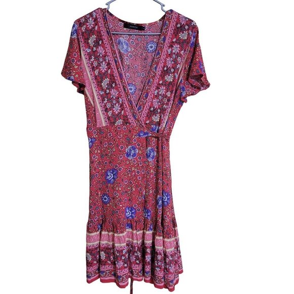 Zesica Womens Floral Midi Boho Wrap Short Sleeve Dress Gypsy Hippie Peasant M - Picture 1 of 7